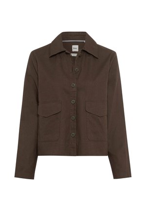 Braune Knopfleistejacke mit zwei vorderen Taschen mit Klappen, langen Ärmeln und spitzem Kragen.
