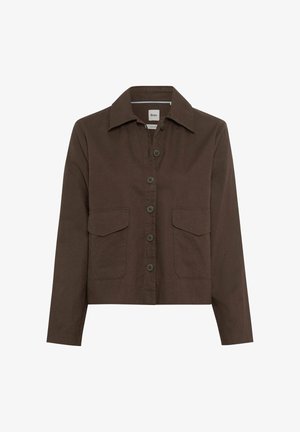 Veste marron boutonnée avec deux poches à rabat à l'avant, manches longues et col pointu.