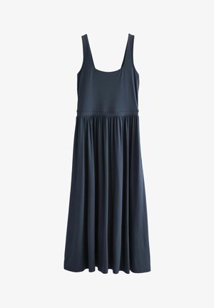 Donker marineblauwe mouwloze jurk met een vierkante halslijn, passend lijfje en een uitlopende rok met geplooide details bij de taille.