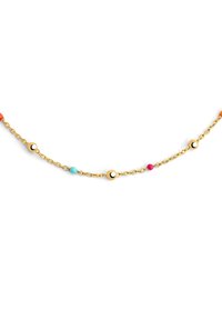 Collana in oro con perline colorate in corallo, turchese e rosa, con accenti sferici in oro lucido distribuiti uniformemente lungo la catena.