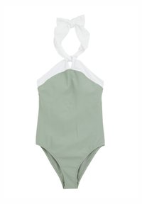 Costume intero color verde oliva con un laccio bianco al collo. Texture liscia, forma aderente e hardware minimale.