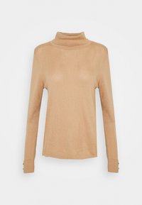 Maglione a collo alto beige con maniche lunghe e texture a coste. Presenta dettagli in più con bottoni sui polsini.