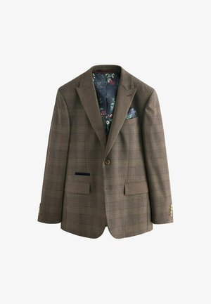 Ruskea ruudullinen bleiseri, jossa on notched-kaulus, nappikiinnitys ja kaksi etutaskua. Sisäpuolella on kukkakuviollinen vuori ja taskuliina.