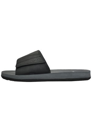Black adjustable slide sandal with a textured strap, gray cushioned footbed, and flexible rubber outsole. Side profile view.
