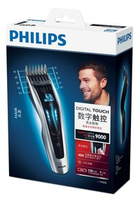 Philips haartrimmer met digitale aanraakinstructies. Strakke zwarte en zilveren vormgeving, LED-display, meetfunctie en gedetailleerde specificaties.