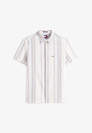 Short-sleeve button-up shirt made of lightweight fabric, featuring vertical stripes in blue, red, and beige with a chest pocket.