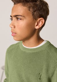 Vihreä ribbineulottu neulepusero pyöreällä kaula-aukolla, jossa valkoinen sisäkaulus ja pieni kohopainettu logo rinnassa. Teksturoidusta kankaasta.