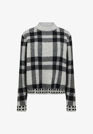 Grey and black patterned sweater with a high neckline, long sleeves, and a cropped design. Features a checked pattern and ribbed hem.