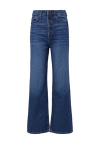 Hoge taille donkeren blauwe wijde jeans met een knoopsluiting, voorzien van contrasterende stiksels en een gladde denim textuur.