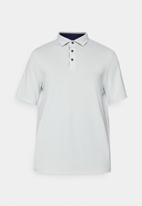 Hellgraues Poloshirt mit kurzen Ärmeln, strukturiertem Stoff, zwei-Knopf-Leiste, dunkelblauem Krageninneren und subtilem geometrischem Muster.