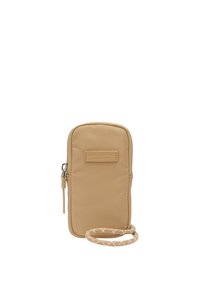 Sacchetto per telefono in nylon marrone chiaro con chiusura a zip, superficie testurizzata e una tracolla rimovibile con motivo a rombi. Logo impresso sul frontale.