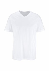 White short-sleeve V-neck t-shirt made of cotton. Simple design with a soft texture and no visible patterns or accents.