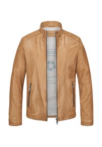 Hellbraune Lederjacke mit Stehkragen, Reißverschluss vorne und zwei Seitentaschen. Glatte Textur und minimalistisches Design.