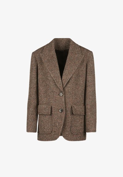 Brauner Glencheck-Blazer aus strukturiertem Stoff, mit großen Revers, zwei Knöpfen und zwei vorderen Taschen.
