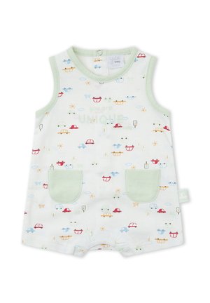 Pelele blanco sin mangas para bebé con ribete verde claro, dos bolsillos delanteros y patrones estampados coloridos de coches y sol. Cierres a presión en las piernas.