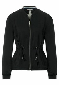 Svart lättviktsjacka med rund halsringning, dragkedja fram, justerbara snoddar i midjan och elastiska muddar. Slät textur.