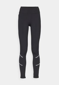Des leggings noirs avec une taille haute, un tissu extensible et des bandes blanches sur les côtés. Conçus pour le confort et la mobilité.