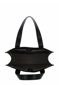 Borsa a spalla nera con materiale esterno liscio, due manici, chiusura a scatto e interno in tessuto pattern con il nome del marchio.