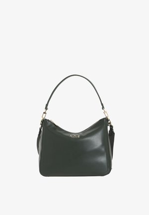 Borsa a tracolla in pelle verde con silhouette curva, finiture dorate e chiusura con cerniera. Dotata di una tracolla removibile per versatilità.