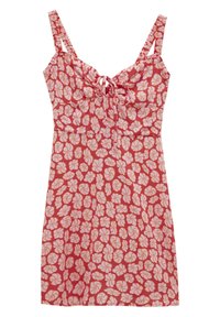Rotes Kleid mit floralem Muster und dünnen Trägern, das eine geraffte Brustpartie und eine Bindeschleife in der Mitte aufweist. Leichtes Gewebe mit glatter Textur.