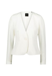 Bílý blazer s výstřihem do V, zapínáním na jeden knoflík a dlouhými rukávy. Texturovaná tkanina, přiléhavý střih a bez viditelných vzorů.