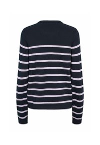 Pull bleu marine à manches longues avec des rayures horizontales rose clair, vu de dos sur fond blanc.