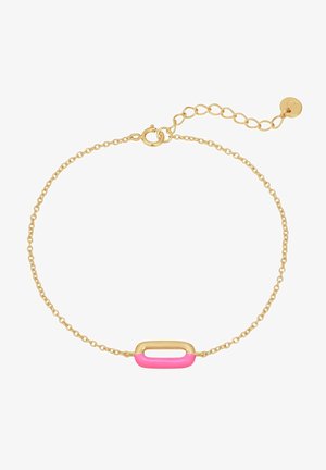 Bracelet en chaîne dorée avec un maillon central ovale, moitié rose et moitié doré, équipé d'un fermoir à homard sécurisé et d'une chaîne extensible réglable.