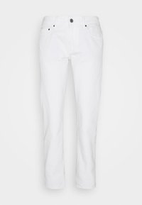 Pantaloni in denim bianco con una vestibilità a gamba dritta, dotati di chiusura frontale con bottone e due tasche. Il tessuto ha una texture liscia ed uniforme.