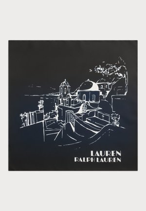 Black background featuring a white line drawing of a coastal village with domed buildings and steps. Text at the bottom: "LAUREN RALPH LAUREN."