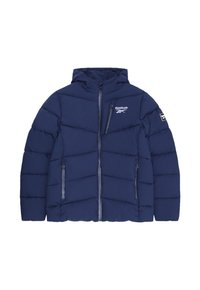 Granatowa pikowana kurtka Reebok z kapturem, z poziomym przeszyciem, dwoma kieszeniami z przodu na zamki oraz logo na lewej piersi.