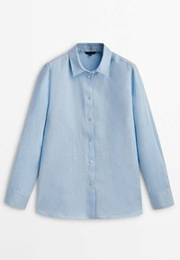 Camicia a maniche lunghe azzurro chiaro in lino, con colletto a punta, chiusura frontale con bottoni e orlo dritto. Texture liscia.