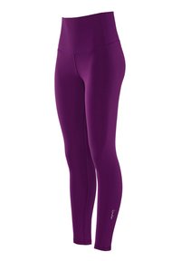 Lila, magas derékú leggings rugalmas anyagból, sima felülettel és logós díszítéssel a bokánál.