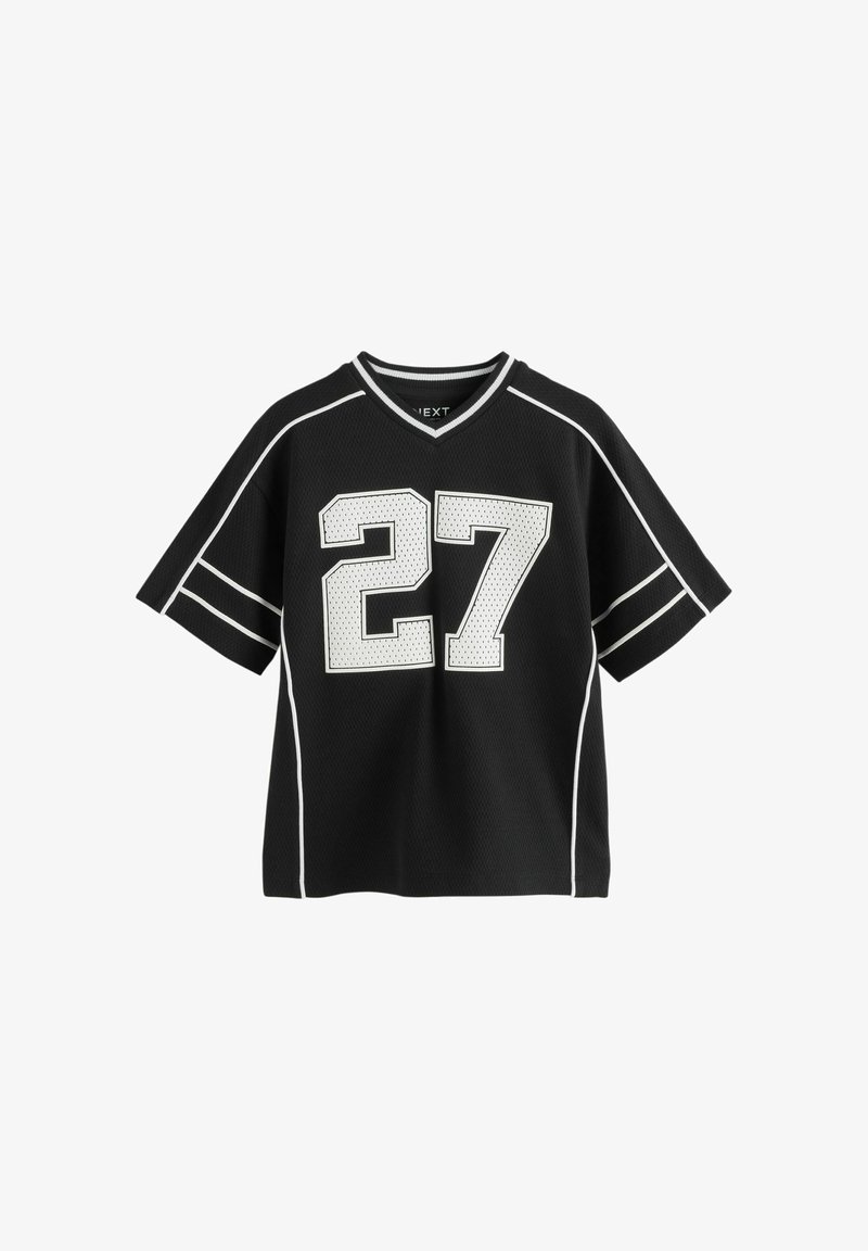 Fekete, rövid ujjú sportmez fehér szegéllyel és nagy, fehér 27-es számmal az elején.