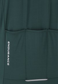 Dunkelgrünes Sportshirt mit drei Rückentaschen, kurzen Ärmeln und dem weißen "ENDURANCE"-Logo an der Seite. Weiches, elastisches Material.