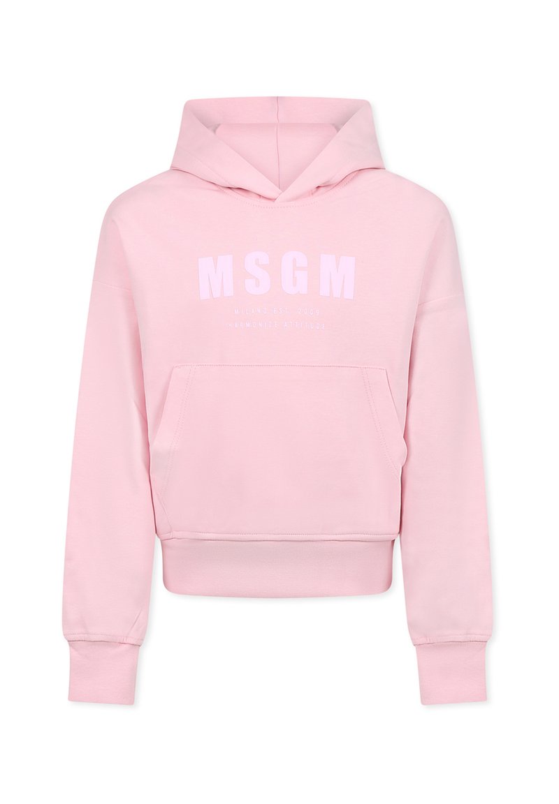 Hoodie rose cintré en coton doux. Il dispose d'une grande poche avant et d'un logo "MSGM" imprimé en blanc sur la poitrine, avec des poignets côtelés.