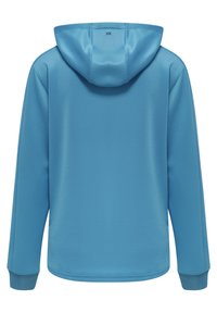 Felpa con cappuccio blu dal tessuto morbido, maniche lunghe e orlo arrotondato. Presenta un dettaglio di cucitura sul retro e nessun logo o motivo visibile.