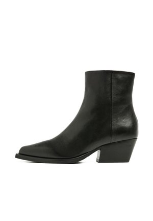 Black leather ankle boot with a pointed toe, low block heel, and smooth texture, featuring a sleek silhouette and minimal detailing.