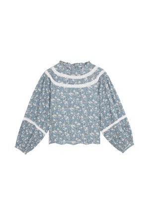Blusa de manga larga azul con estampado floral, cuello simulado con volantes, detalles de encaje y mangas fruncidas con dobladillo en forma de punta. Material de algodón.