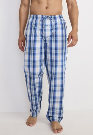 Men's plaid pajama pants in blue, white, and orange hues. Made of lightweight fabric with an elastic waistband and drawstring, featuring a relaxed fit.