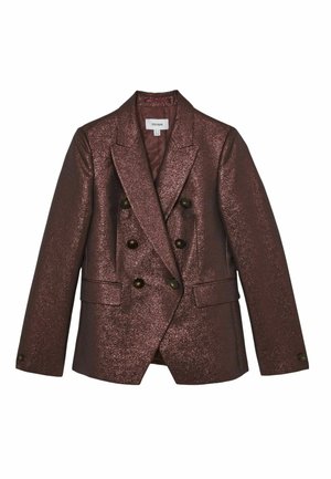 Burgundské lesklé sako s dvojitým zapínáním na knoflíky, klopovými límci a dvěma předními kapsami. Hladká textura s třpytivým povrchem.