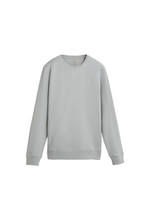 Sudadera gris claro hecha de tejido suave. Puños y dobladillo acanalados, diseño de cuello redondo, con un pequeño logo en el pecho. Textura suave.