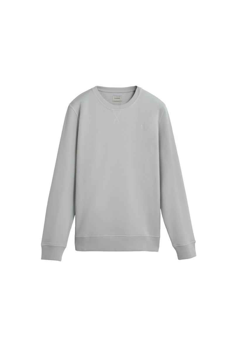 Sudadera gris claro hecha de tejido suave. Puños y dobladillo acanalados, diseño de cuello redondo, con un pequeño logo en el pecho. Textura suave.