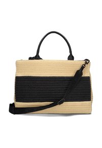 Geweven handtas met een beige body en een getextureerde zwarte streep. Heeft dubbele zwarte handvatten en een verstelbare schouderband.