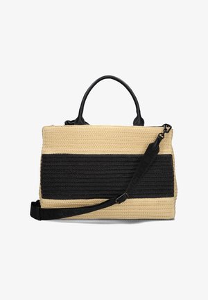Geweven handtas met een beige body en een getextureerde zwarte streep. Heeft dubbele zwarte handvatten en een verstelbare schouderband.