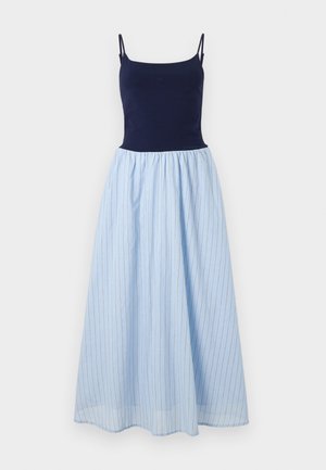 Ilmastamata kleit, millel on hästi istuv tumesinine ülemus ja voolav helesinine triibuline seelik. Seelikul on vertikaalsed triibud ja volangiga vöökoht.