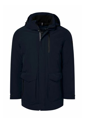 Marineblauwe, waterdichte jas met capuchon, twee voorzakken en een met rits sluitende borstzak. Bevat een gestructureerde binnenvoering en verstelbare manchetten.
