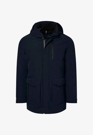 Giacca impermeabile blu navy con cappuccio, due tasche frontali e una tasca sul petto con zip. Presenta un rivestimento interno testurizzato e polsini regolabili.