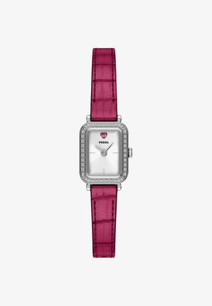 Fossil watch with a square silver case, white dial, rose gold heart detail. Pink crocodile-embossed leather strap with silver accents.