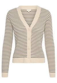 Cardigan bej cu dungi orizontale bleumarin, decolteu în V și închidere cu șase nasturi. Material tricotat moale, textură ribbată pe mâneci și pe tiv.