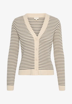 Cardigan bej cu dungi orizontale bleumarin, decolteu în V și închidere cu șase nasturi. Material tricotat moale, textură ribbată pe mâneci și pe tiv.